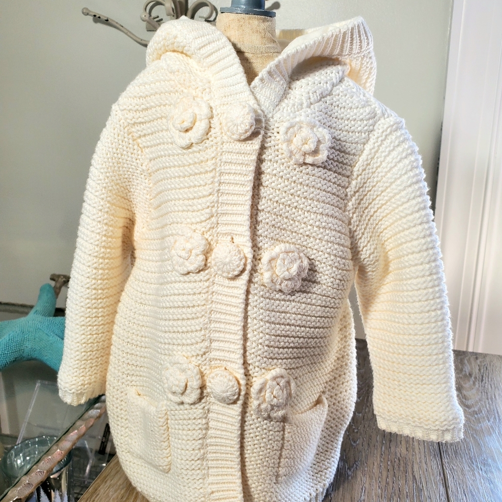 Baby's Cardigan Sweater Cream Knit Hooded Cardigan Size 3-6M